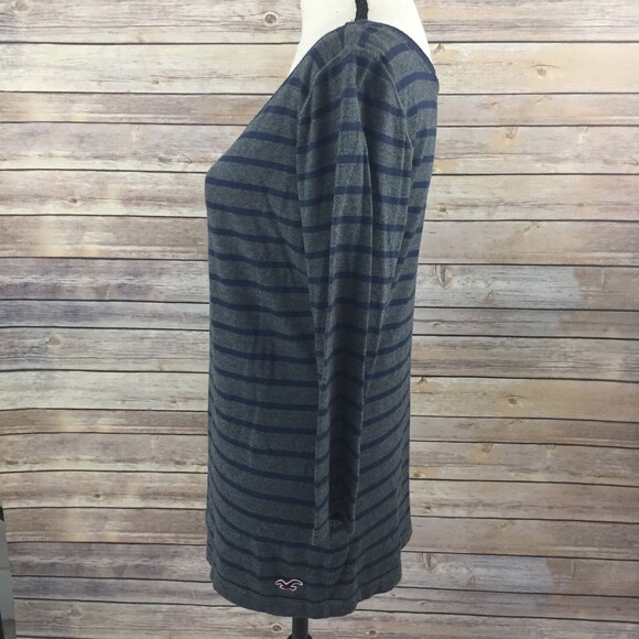 Hollister Knit Top Women Large 3/4 Sleeve Blue & Gray Stripe Cotton - Picture 6 of 8